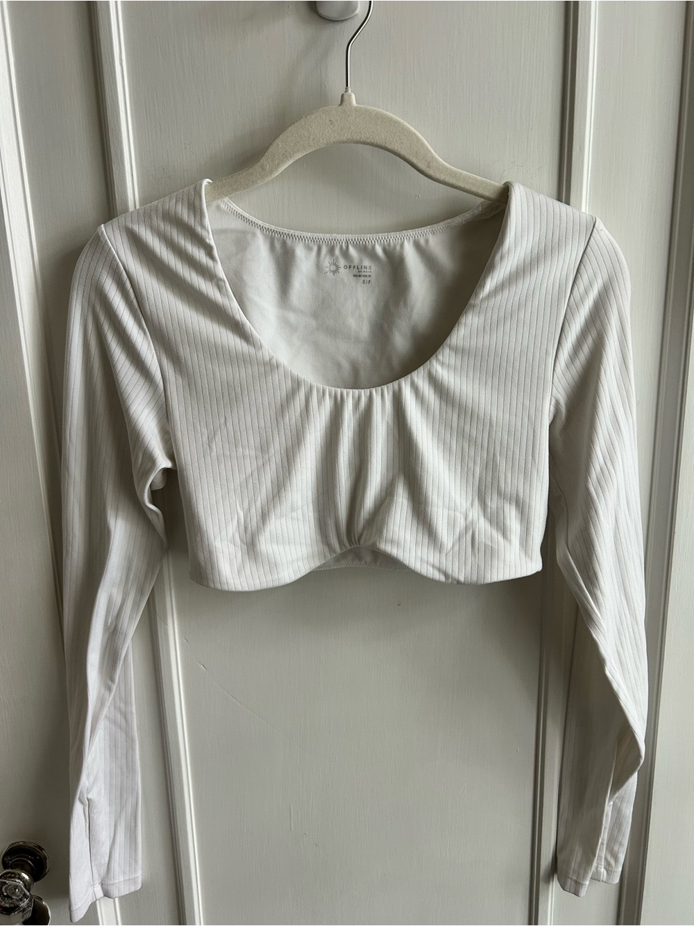 Aerie Long Sleeve Ribbed Scoop Crop Top in White Size Small